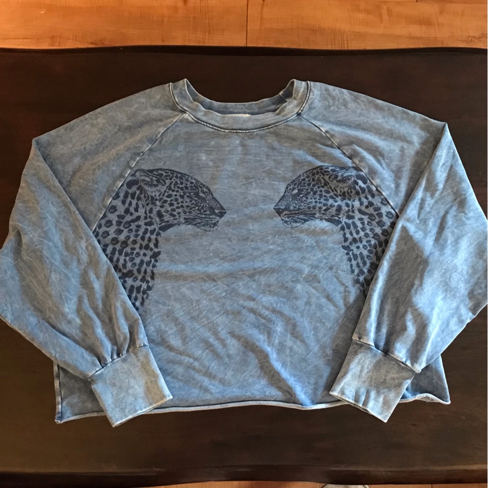 EUC Project Social T Faded Blue Cropped Long Sleeve with Leopards, Size XL